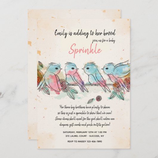 Vier kleine Vögel Einladung (Vorne/Hinten)