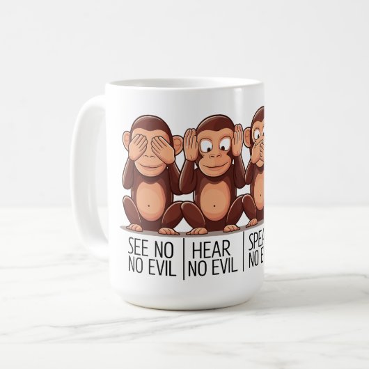 Vier kluge Affen: Eine moderne Drehung Kaffeetasse (Vorderseite Links)