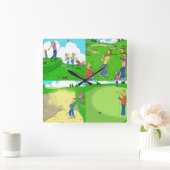 Vier komische Cartoon Golf. Quadratische Wanduhr (Zuhause)