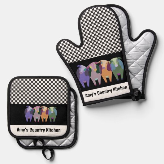 Vier-Kühen-Design Ofenhandschuh & Topflappen-Set (Vorderseite/Rückseite)