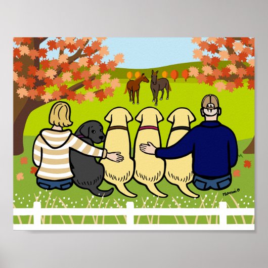 Vier Labradoren und Eltern im Herbst Poster (Vorne)