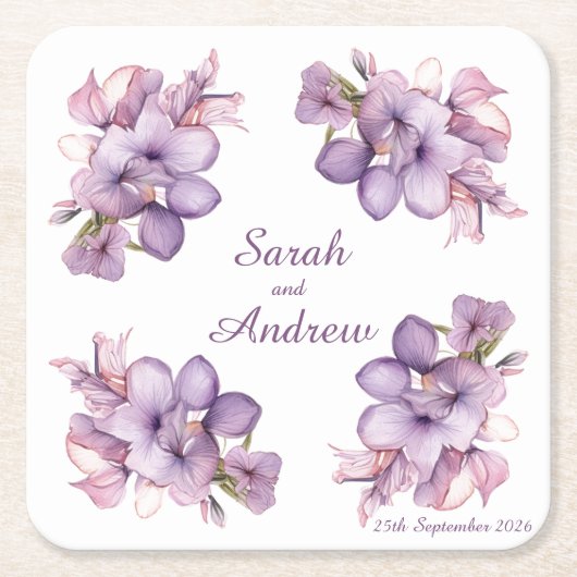 Vier Lilah-Blume: Personalisierte Hochzeiten Unter Rechteckiger Pappuntersetzer (Vorderseite)