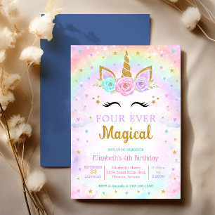 Vier magisches Einhorn-Regenbogen zum 4. Geburtsta Einladung