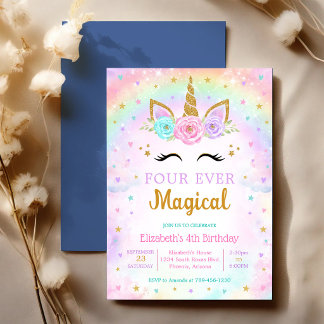 Vier magisches Einhorn-Regenbogen zum 4. Geburtsta Einladung