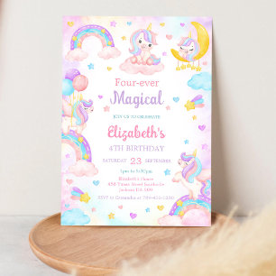 Vier magisches Einhorn-Regenbogen zum 4. Geburtsta Einladung