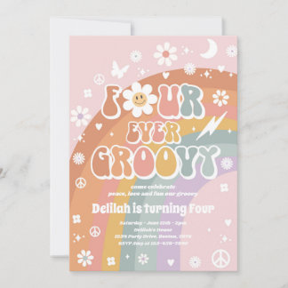 Vier mal Groovy Hippie 4. Geburtstag Party Einladung