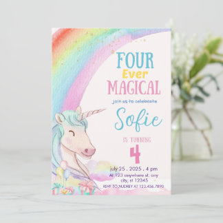 Vier Mal magisch, pastellfarben Einhorn Geburtstag Einladung