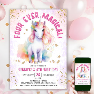 Vier mal magisch | Unicorn 4. Geburtstag Party Einladung