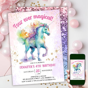 Vier mal magisch   Unicorn Glitzer 4. Geburtstag Einladung