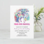 Vier mal magische Pastel Unicorn Vierten Geburtsta Einladung (Stehend Vorderseite)