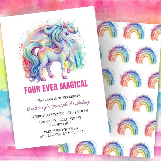 Vier mal magische Pastel Unicorn Vierten Geburtsta Einladung