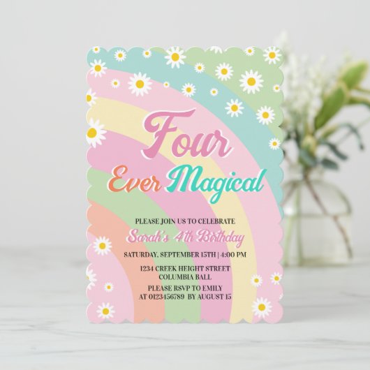 Vier mal magischer Retro-Regenbogen Einladung (Stehend Vorderseite)