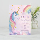 Vier mal magisches Einhorn 4. Geburtstag Einladung (Stehend Vorderseite)
