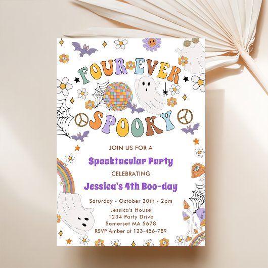 Vier mal Spooky Groovy Halloween 4. Geburtstag Einladung