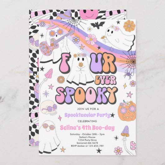 Vier mal Spooky Halloween Groovy Ghost Geburtstag Einladung (Vorne/Hinten)