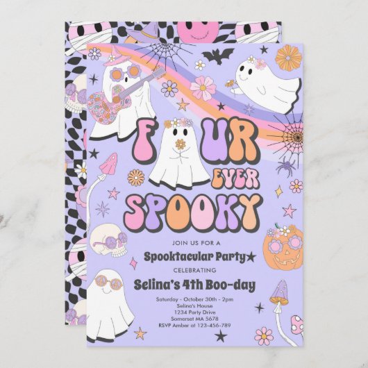 Vier mal Spooky Halloween Groovy Ghost Geburtstag Einladung (Vorne/Hinten)