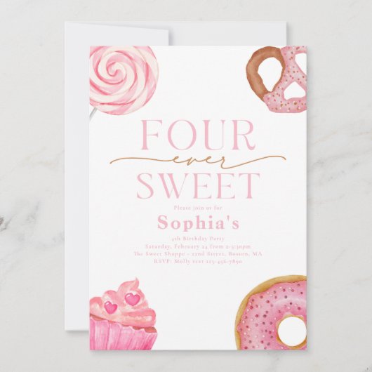 Vier Mal süß Geburtstag Einladung (Vorderseite)