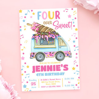 Vier mal süße Girls Ice Creme 4. Geburtstag Einladung