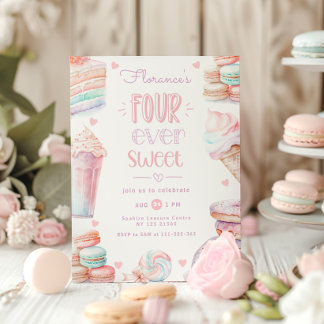 Vier mal süße pastellfarbene Macarons, 4. Geburtst Einladung