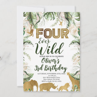 Vier Mal Wild Safari Tier Geburtstag, Safari Einladung