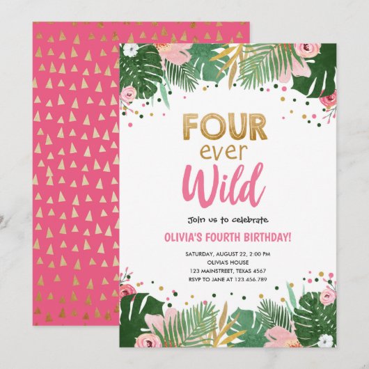 Vier Mal Wild Tropical Safari Girl Geburtstag Einladung (Vorne/Hinten)