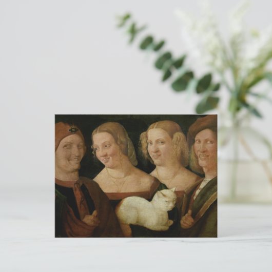 Vier Menschen lachen über den Blick einer Katze Postkarte (Stehend Vorderseite)