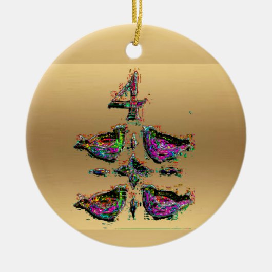 Vier nennende Vögel Goldweihnachtsdekoration Keramik Ornament (Vorne)