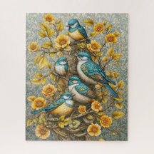 Vier Niedliche Blaue und Weiße Vögel auf blühendem