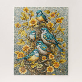 Vier Niedliche Blaue und Weiße Vögel auf blühendem Puzzle