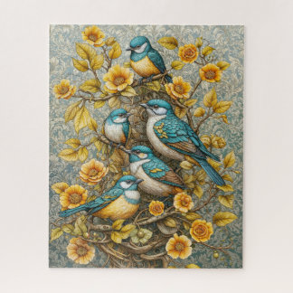 Vier Niedliche Blaue und Weiße Vögel auf blühendem Puzzle