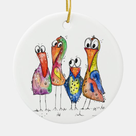 Vier Niedliche Whimsikfarbige Vögel Keramik Ornament (Vorne)