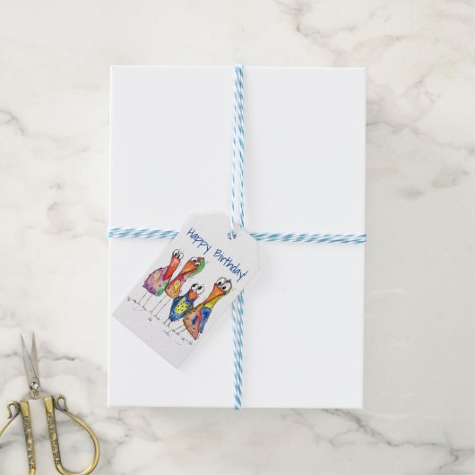 Vier Niedliche Whimsikvögel Geschenkanhänger (Mit Garn)