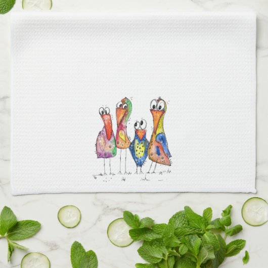 Vier Niedliche Whimsikvögel Geschirrtuch (Gefaltet)