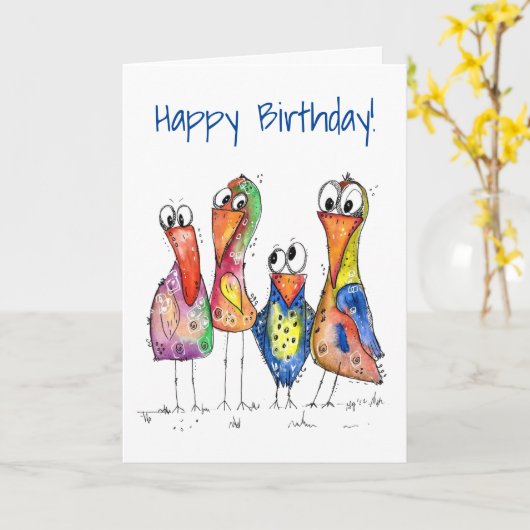 Vier Niedliche Whimsikvögel Karte (Gelbe Blume)