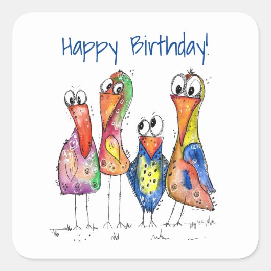 Vier Niedliche Whimsikvögel Quadratischer Aufkleber (Vorderseite)