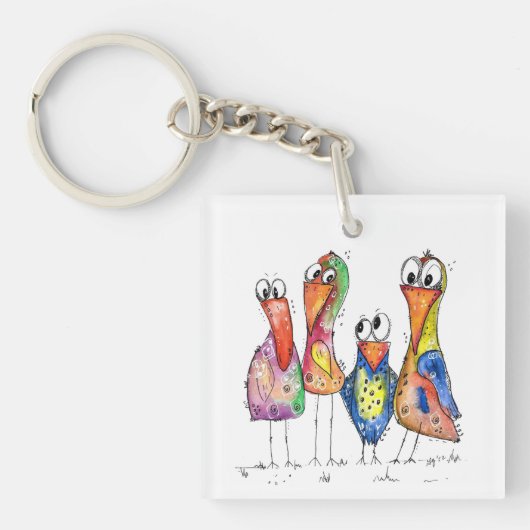 Vier Niedliche Whimsikvögel Schlüsselanhänger (Vorderseite)
