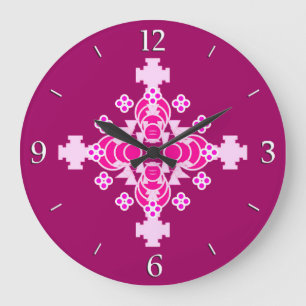 Vier Punkte Mandala - hellrosa und pflaumenfarbene Große Wanduhr
