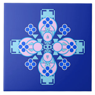 Vier-Punkte-Mandala - Orchidee, blau und kobaltbla Fliese
