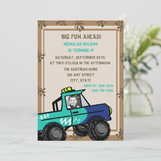 Vier Räder Spaß / Geburtstag Einladung (Stehend Vorderseite)