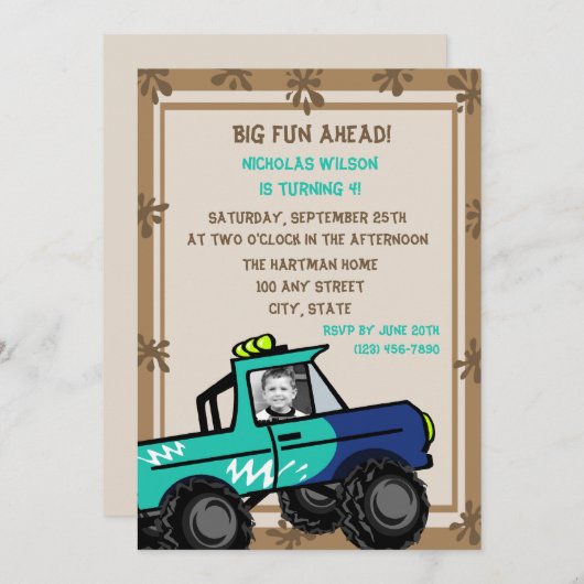 Vier Räder Spaß / Geburtstag Einladung (Vorne/Hinten)