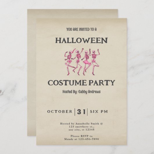 Vier rosa Tanzskelette Vintag Halloween Einladung (Vorne/Hinten)