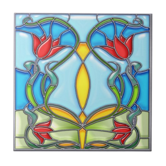 Vier rotes Tulpe-Buntglas Fliese (Vorderseite)