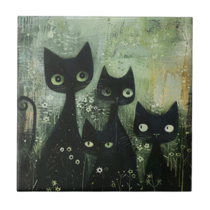 Vier schwarze Katzen mit Gänseblümchen auf gemisch Fliese