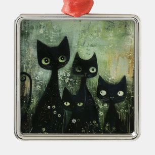 Vier schwarze Katzen mit Gänseblümchen auf gemisch Ornament Aus Metall