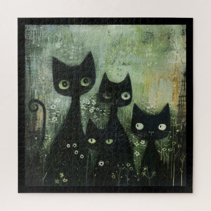 Vier schwarze Katzen mit Gänseblümchen auf gemisch Puzzle