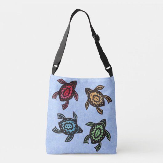 Vier Schwarze Schildkröten Abstrakte farbige Musch Tragetaschen Mit Langen Trägern (Rückseite)