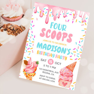 Vier Scoops Girls Ice Creme 4. Geburtstag Einladung