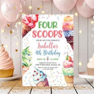 Vier Scoops Girls Ice Creme 4. Geburtstag Einladung