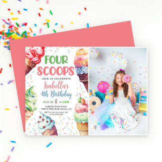 Vier Scoops Girls Ice Creme 4. Geburtstag Einladung