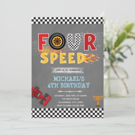 VIER-Speed-Geburtstagsfeier Einladung (Stehend Vorderseite)